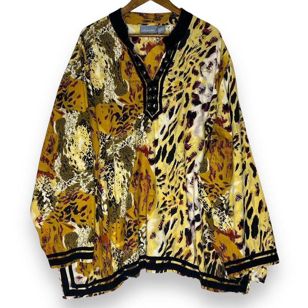 Liz & Me Blouse Top Cheetah Leopard Tiger Print 100% Cotton Bead Detail 4X